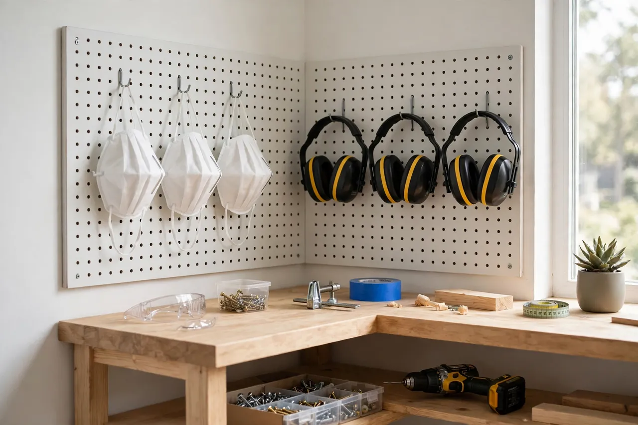 A tidy workshop corner with dust mask hooks beside ear muff hooks above a bench, masks hanging neatly ready for use, bright and clean
