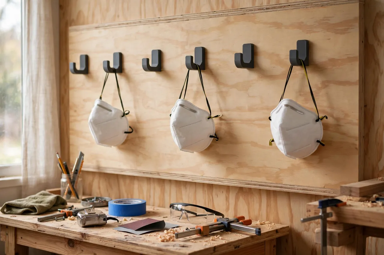 A bright home workshop wall with dust masks hanging from small matte charcoal-gray 3D printed wall hooks on a plywood panel beside a workbench, masks