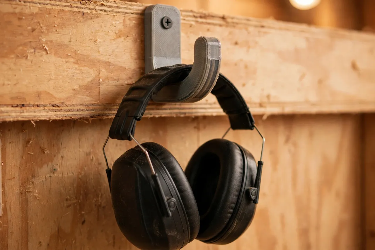 Close-up of a 3D printed wall hook holding a pair of ear muffs by the headband, ear cups hanging clear of the wall