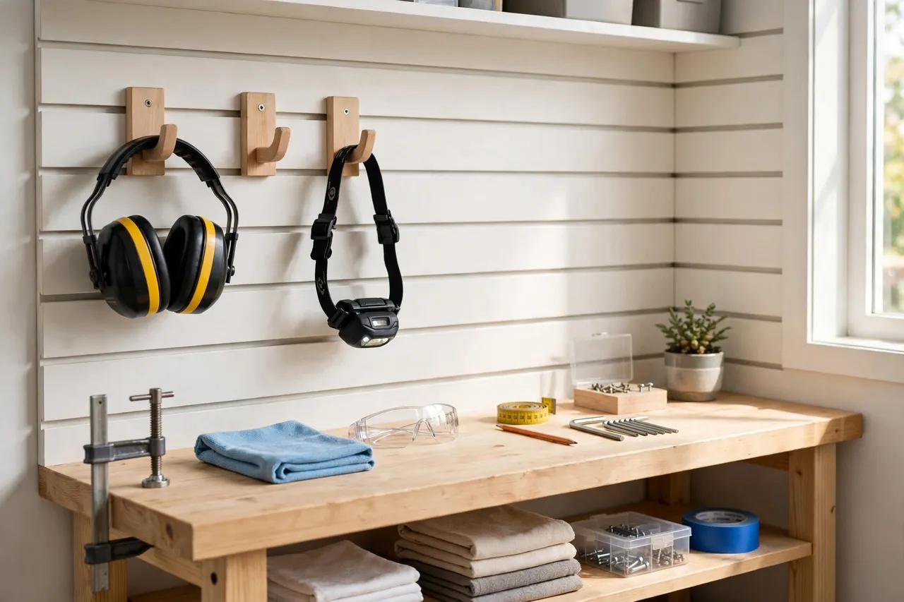 A tidy workshop corner with ear muff hooks beside headlamp hooks above a bench, a pair of ear muffs hanging ready for use, bright and clean