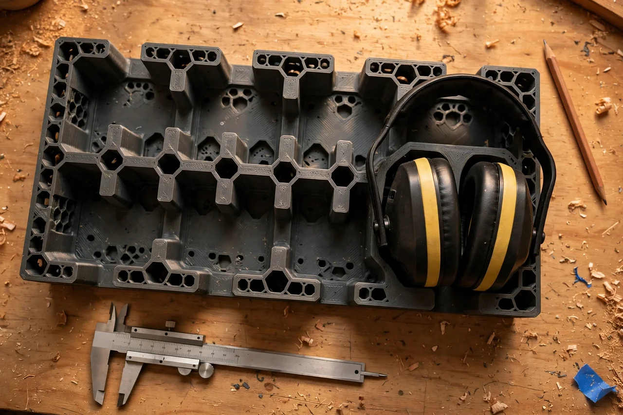 Close-up top-down view of a matte charcoal-gray 3D printed ear protection wall rack being test-fitted with ear muffs on a workbench, calipers and a pencil nearby, warm workshop lighting
