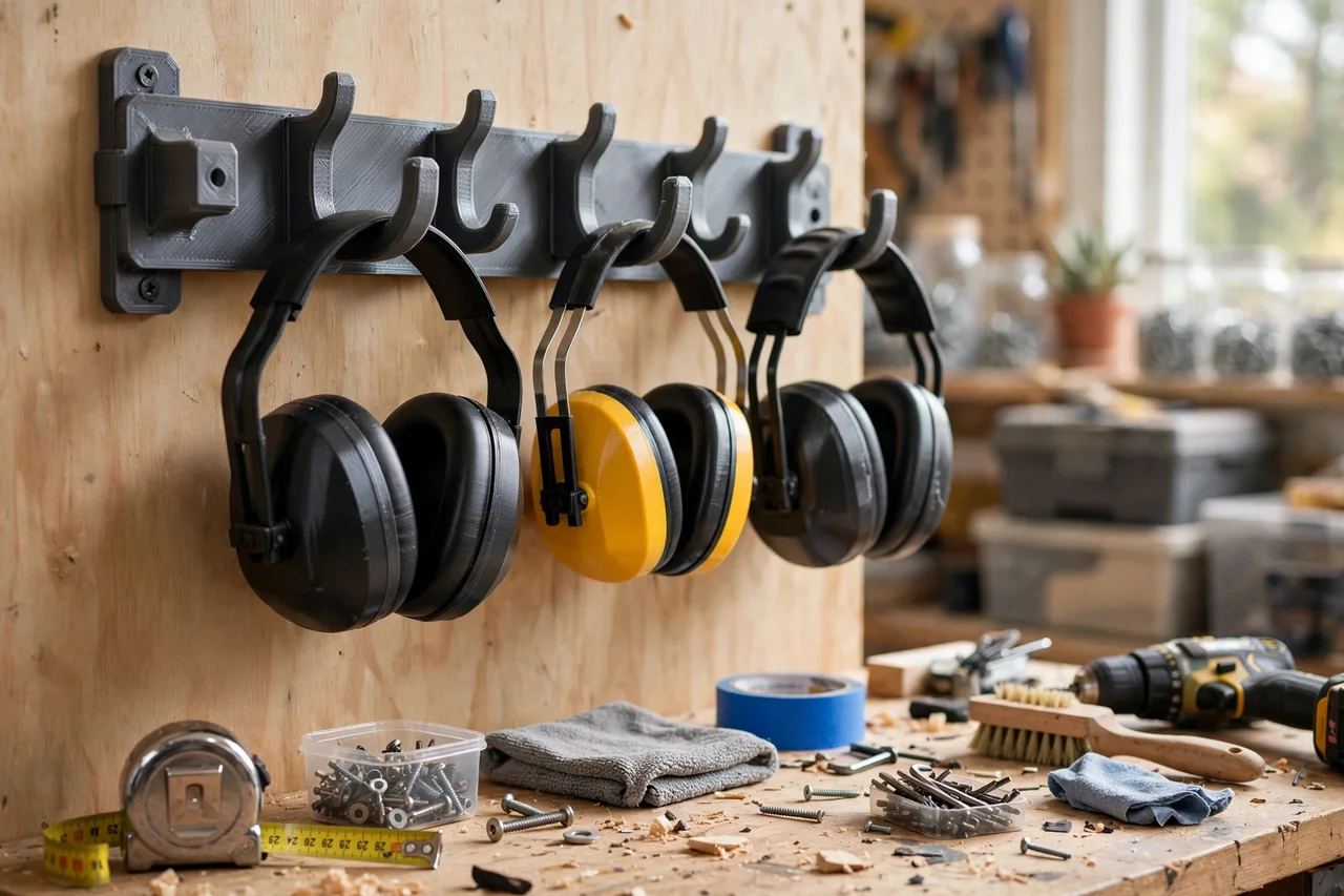 View of the finished 3D printed ear protection wall rack in use during a home repair tidy-up on a workbench, tidy workshop background in soft focus, bright natural light