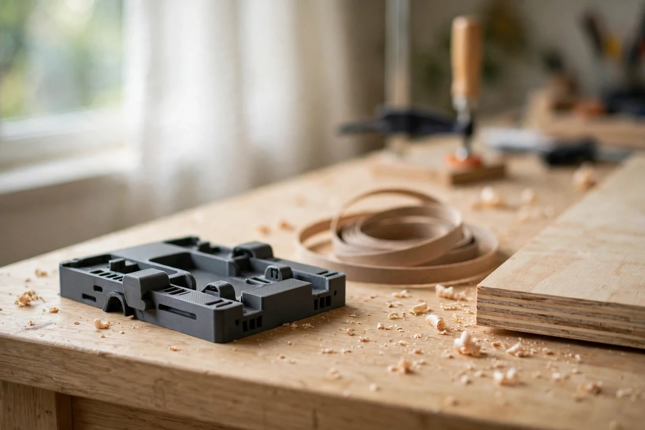 Home workshop scene on a light oak workbench, a matte charcoal-gray 3D printed edge banding trim guide beside an edge banding strip and a board edge, soft natural window light, shallow depth of field