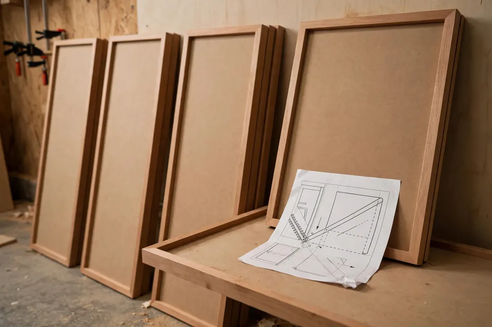 A row of finished shelf panels leaning against a workshop wall, their edge banding trimmed perfectly flush with crisp clean edges