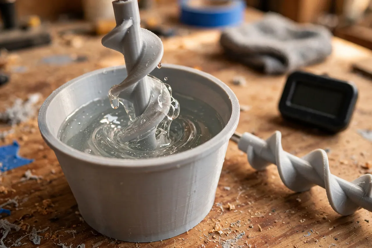 Close-up of a 3D printed mixing paddle stirring a small batch of clear epoxy in a printed cup on a workbench