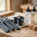 A bright workshop bench with matte charcoal-gray 3D printed epoxy mixing paddles and small printed cups beside a two-part epoxy kit