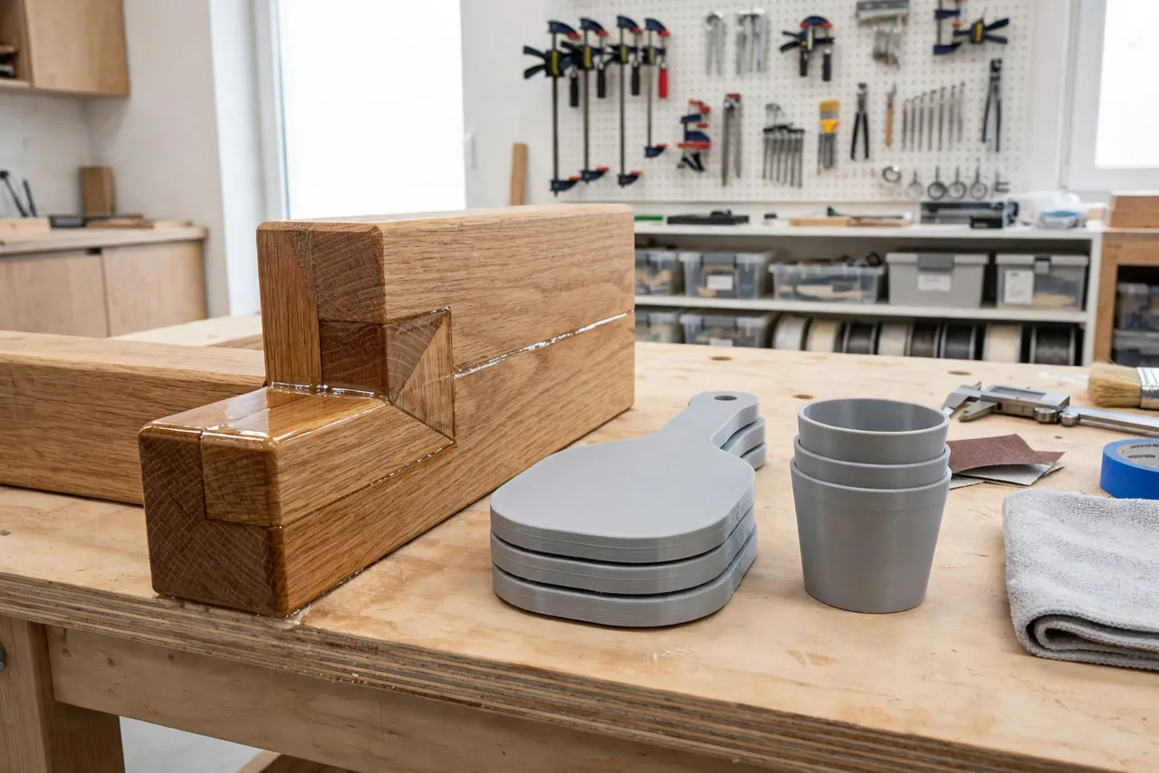 A finished wooden joint repaired with epoxy, the printed paddles and cups cleaned and stacked neatly beside it on the bench