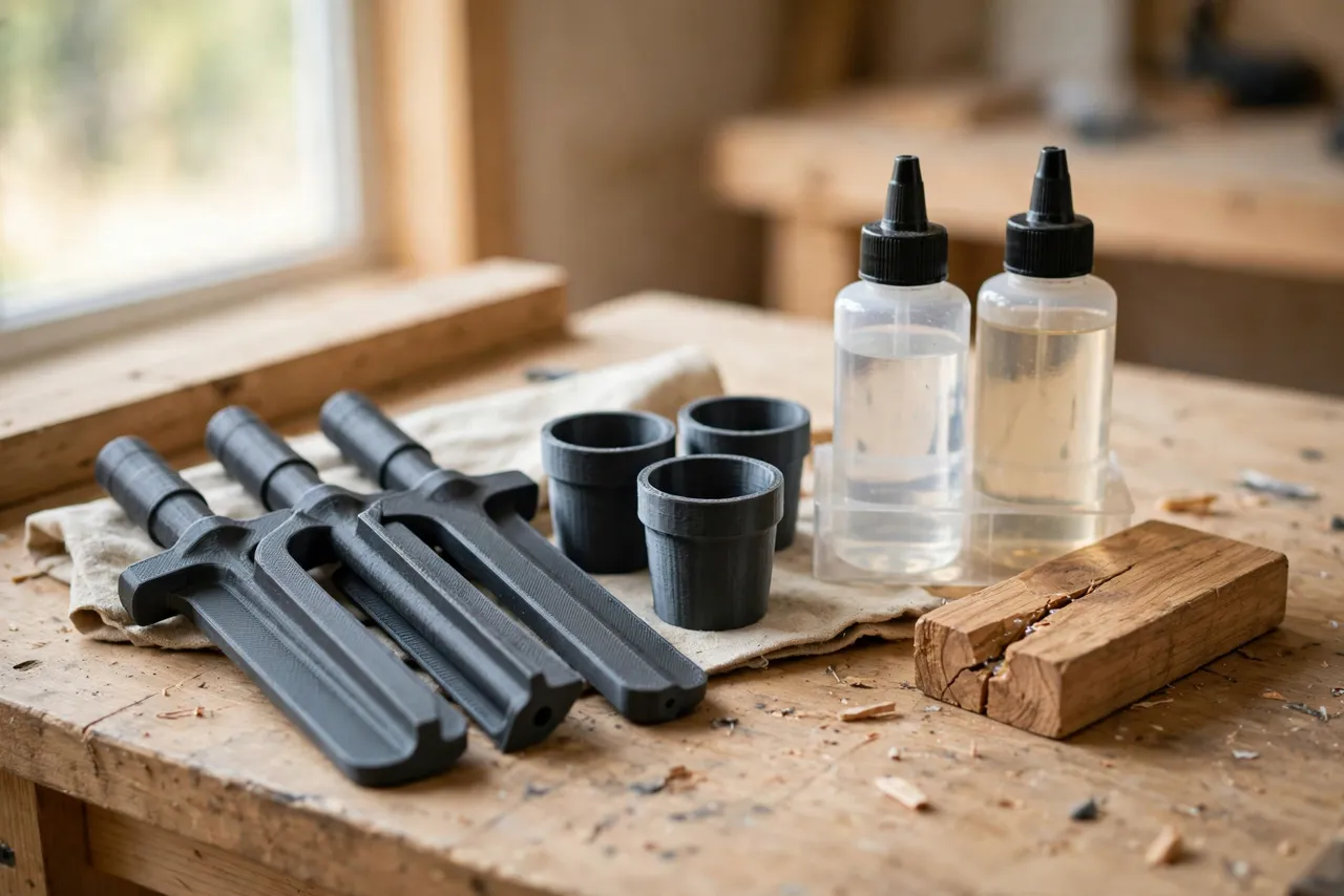 A bright workshop bench with matte charcoal-gray 3D printed epoxy mixing paddles and small printed cups beside a two-part epoxy kit