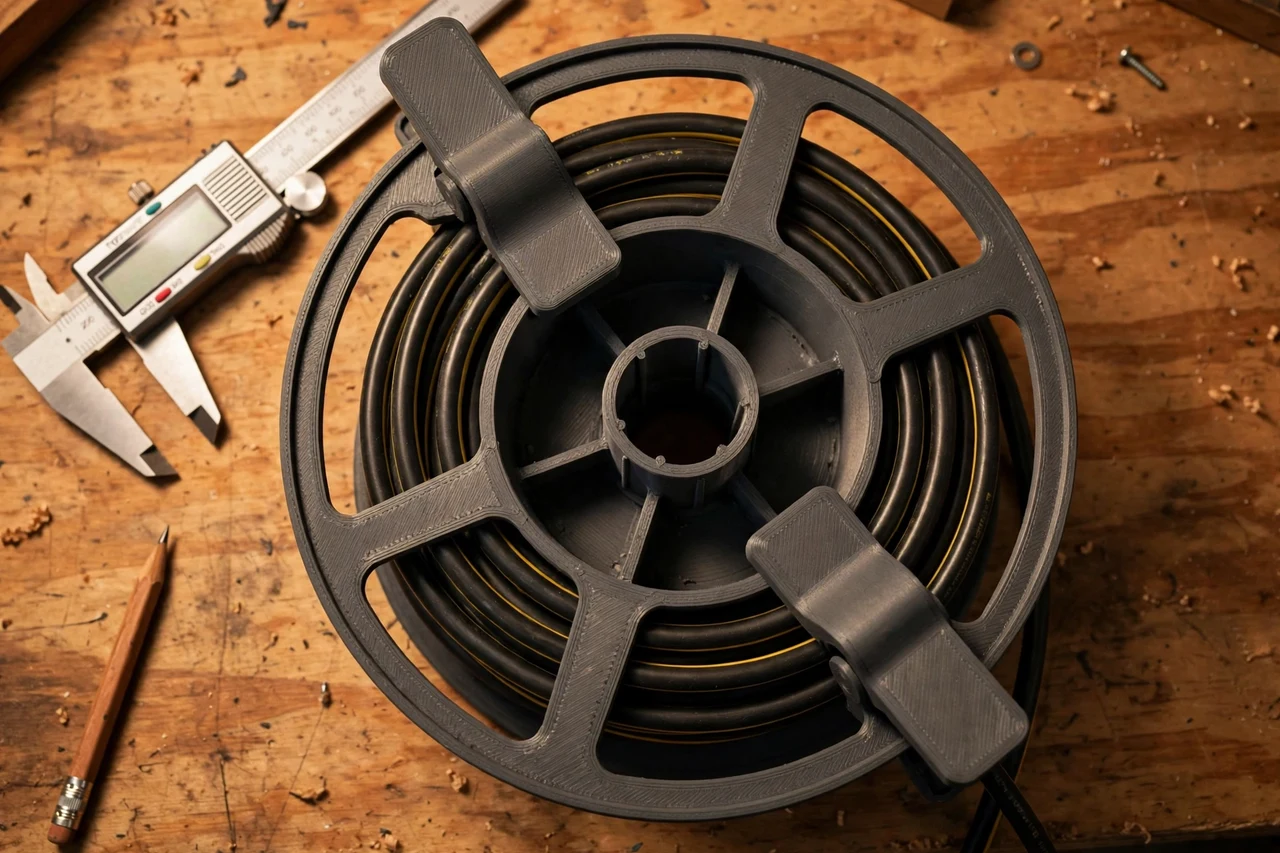 Close-up top-down view of a matte charcoal-gray 3D printed extension cord reel clips being test-fitted against a cord wound on a reel, kept from unspooling on a workbench, calipers and a pencil nearby, warm workshop lighting