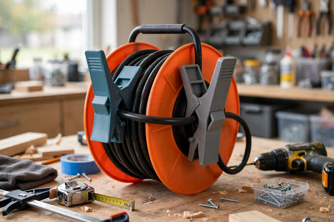 View of the finished 3D printed extension cord reel clips in use on a home repair project on a workbench, tidy workshop background in soft focus, bright natural light