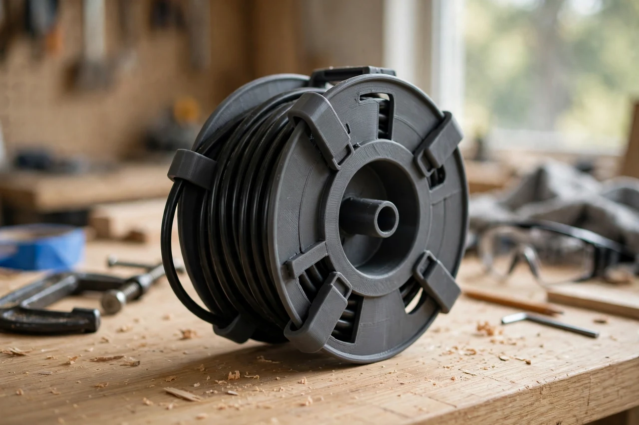 Home workshop scene on a light oak workbench, a matte charcoal-gray 3D printed extension cord reel clips holding a cord wound on a reel, kept from unspooling, soft natural window light, shallow depth of field