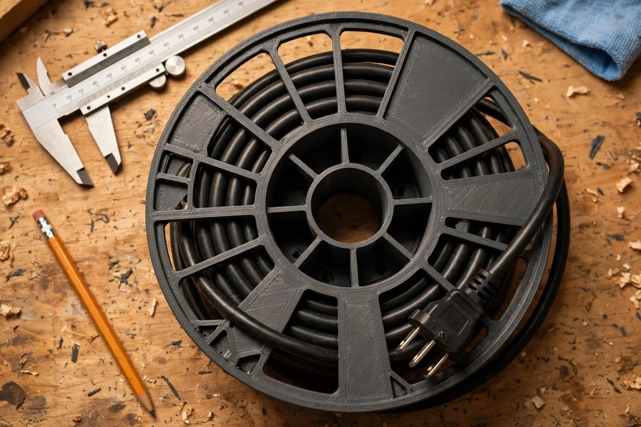 Close-up top-down view of a matte charcoal-gray 3D printed extension cord wall spool being test-fitted with an extension cord on a workbench, calipers and a pencil nearby, warm workshop lighting