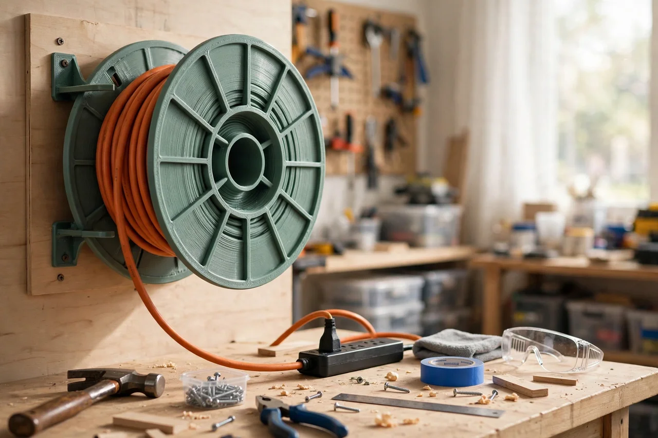 View of the finished 3D printed extension cord wall spool in use during a home repair tidy-up on a workbench, tidy workshop background in soft focus, bright natural light