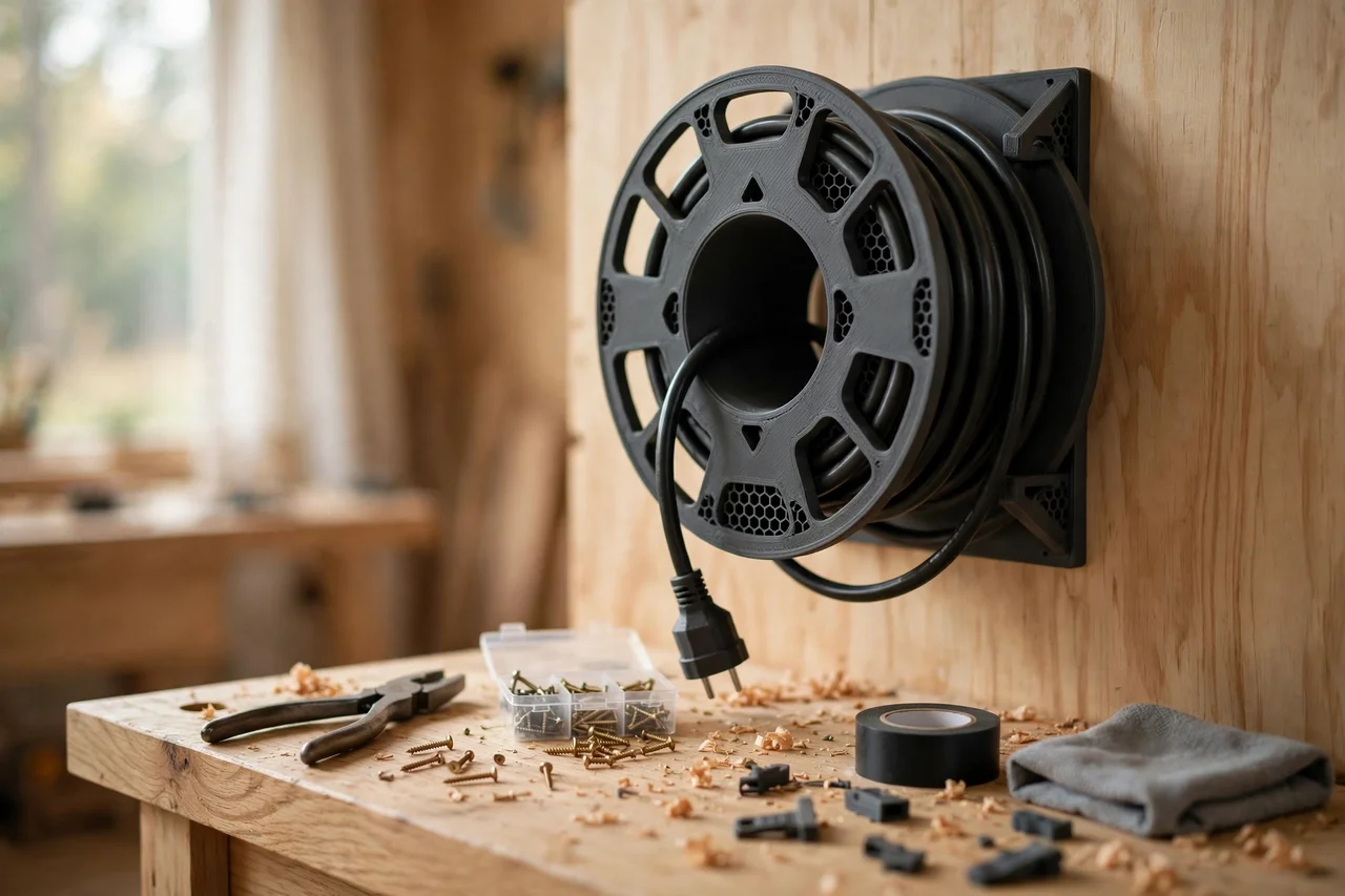Home workshop scene on a light oak workbench, a matte charcoal-gray 3D printed extension cord wall spool holding an extension cord, soft natural window light, shallow depth of field