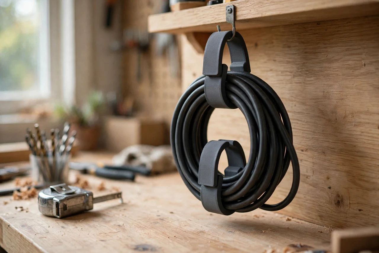 Home workshop scene on a light oak workbench, a matte charcoal-gray 3D printed extension cord wrap clips holding a coiled extension cord stored on a hook or shelf, soft natural window light, shallow depth of field