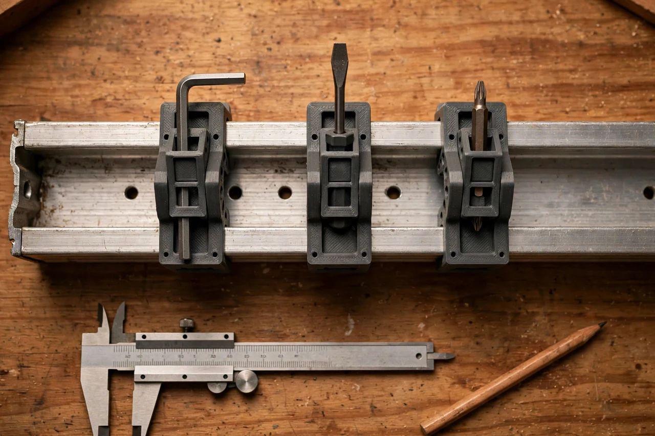 Close-up top-down view of a matte charcoal-gray 3D printed extension ladder tool clips being test-fitted against small tools clipped to an extension ladder rail on a workbench, calipers and a pencil nearby, warm workshop lighting