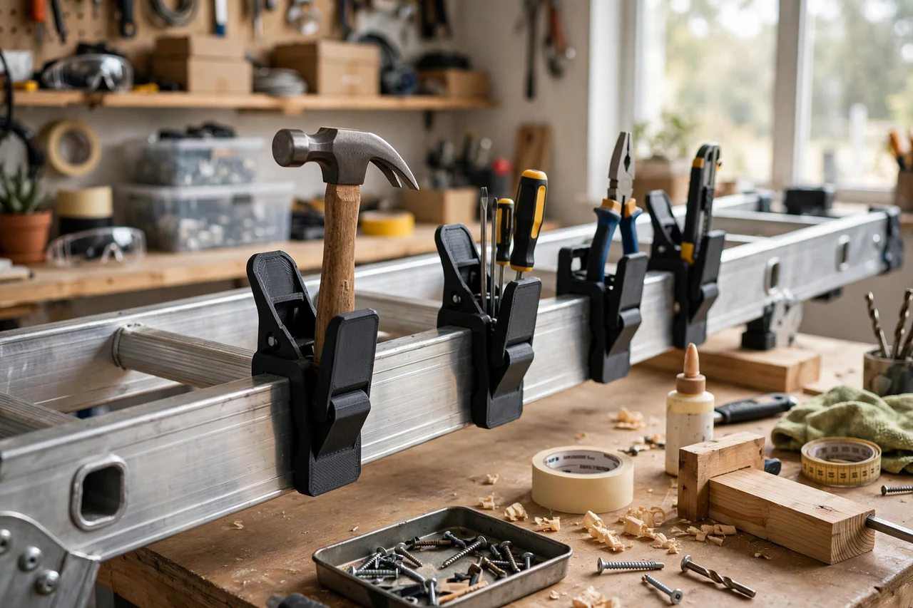 View of the finished 3D printed extension ladder tool clips in use on a home repair project on a workbench, tidy workshop background in soft focus, bright natural light