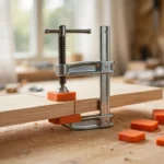 A bright home workshop scene on a light oak workbench