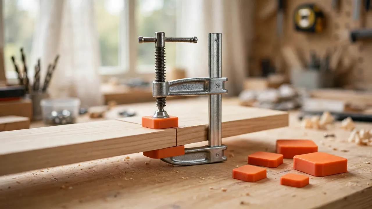 A bright home workshop scene on a light oak workbench