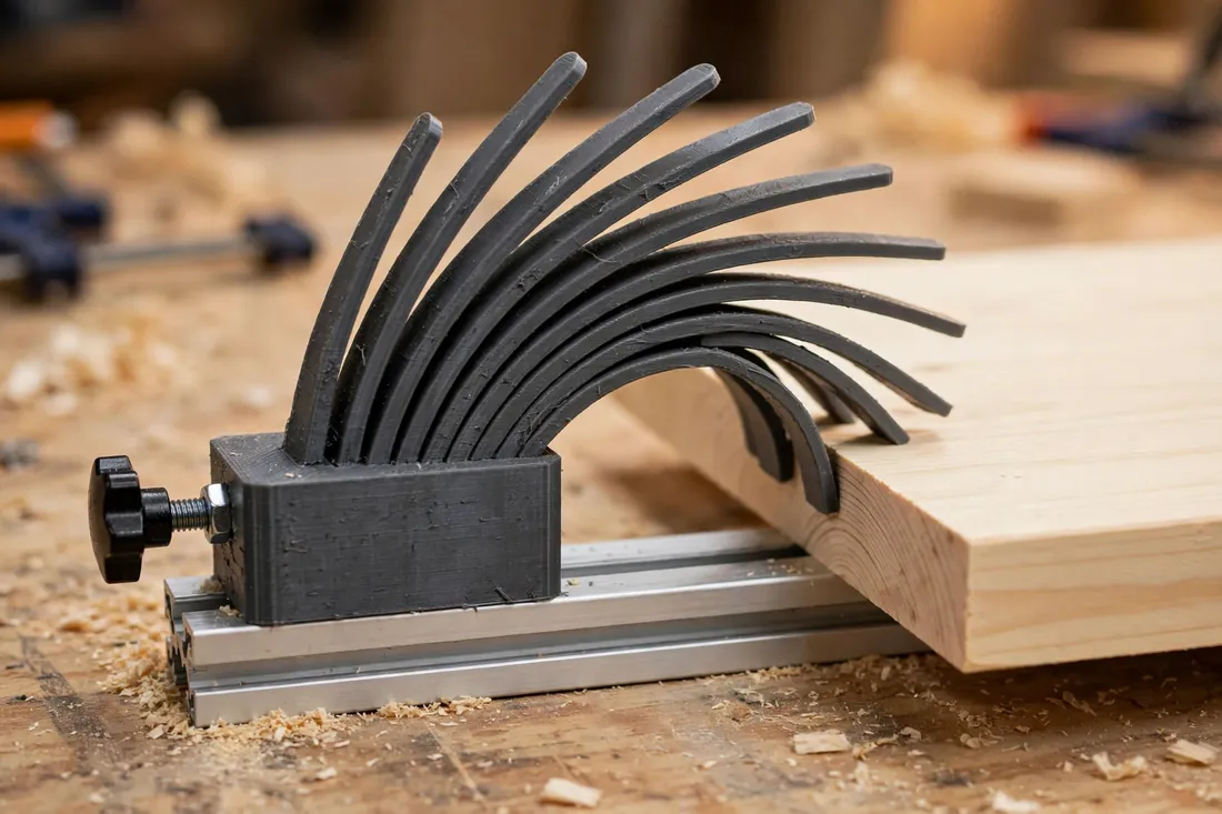 Close-up side view of a 3D printed featherboard with angled flexible fingers flexing gently against a pale pine board on a workbench, a star knob