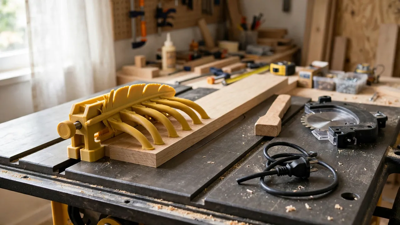 A bright home workshop scene on a cast-iron table saw top with the blade lowered and the saw unplugged