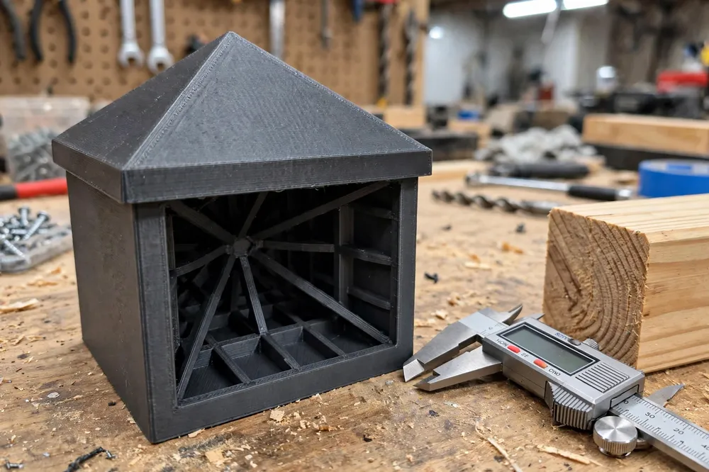 Close-up of a single 3D printed fence post cap on a workbench showing its sloped pyramid top, deep skirt and inner ribs