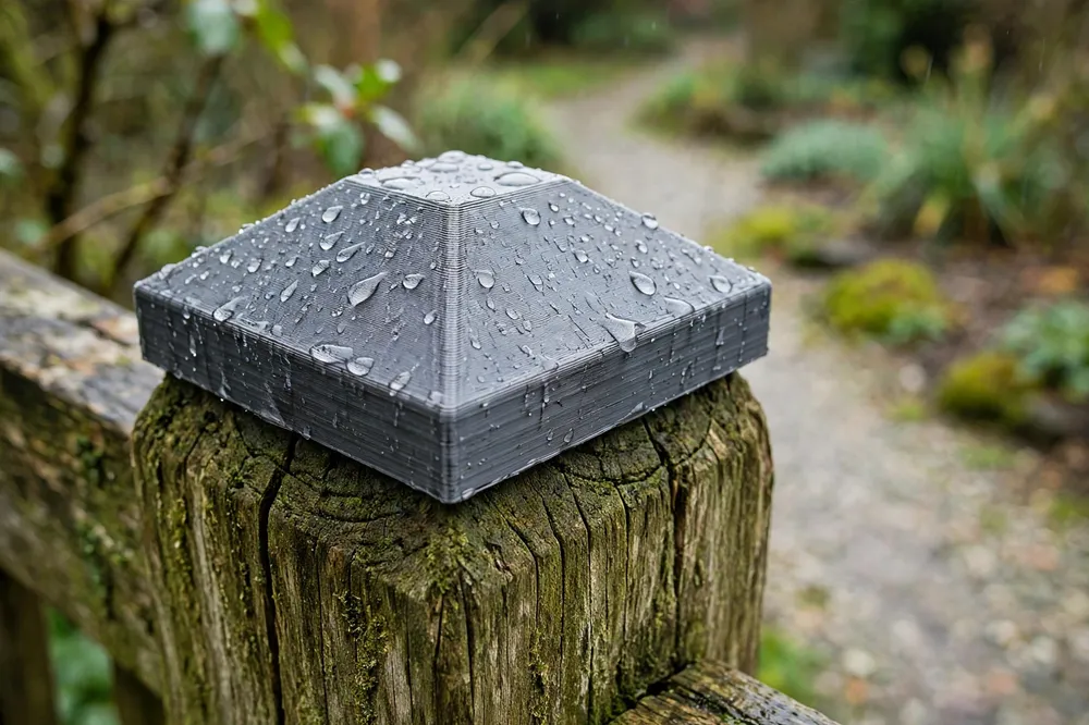A 3D printed post cap being fitted onto the weathered top of a wooden fence post