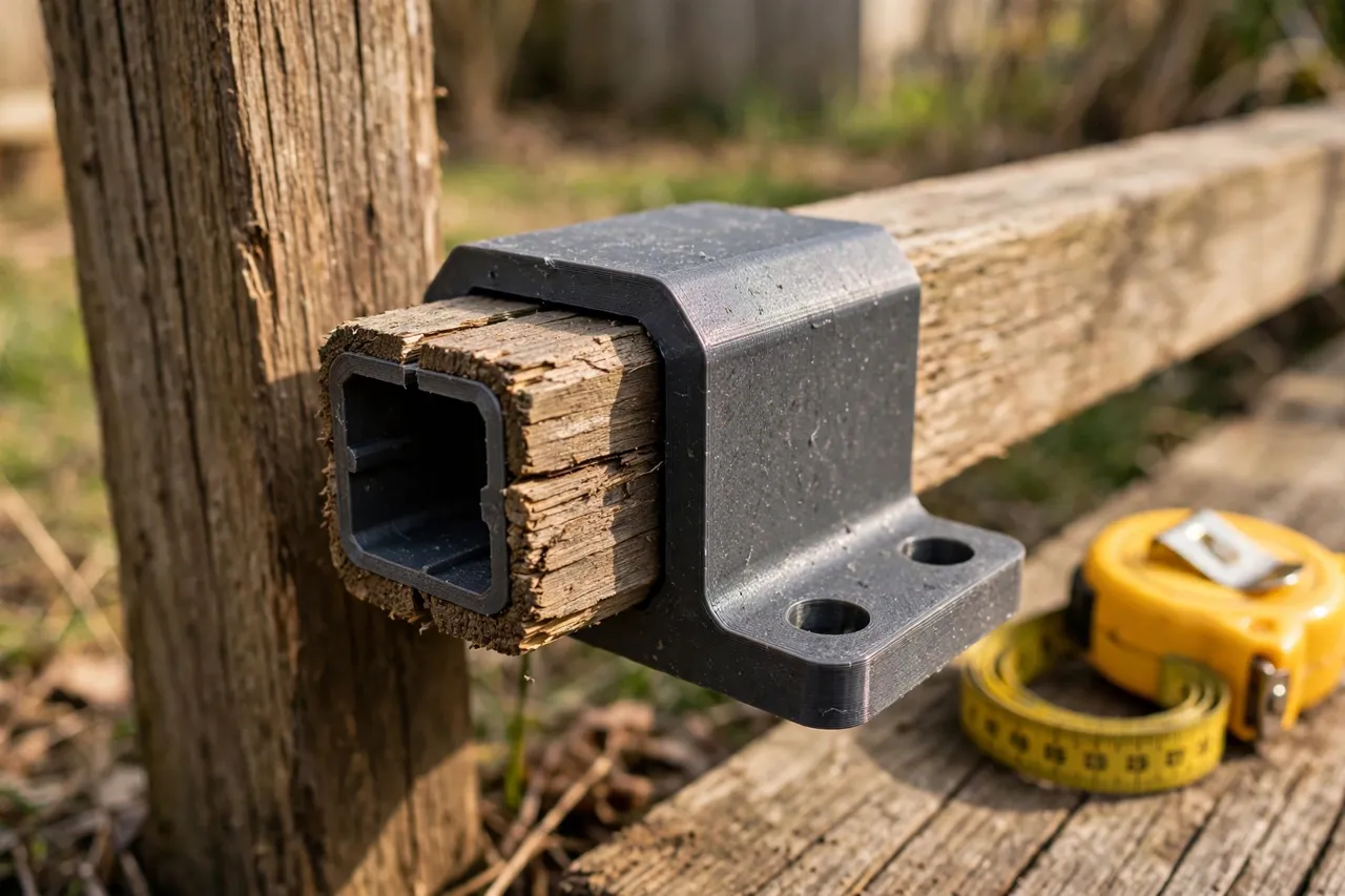 Close-up view of a 3D printed fence rail adapter being test-fitted onto the end of a wooden fence rail beside a fence post