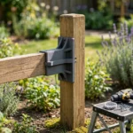 A bright sunny garden scene, a matte charcoal-gray 3D printed fence rail adapter bracket joining a wooden fence rail to a square fence post