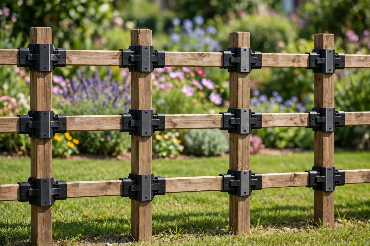 A finished straight run of garden fencing with rails neatly joined to posts by printed adapters