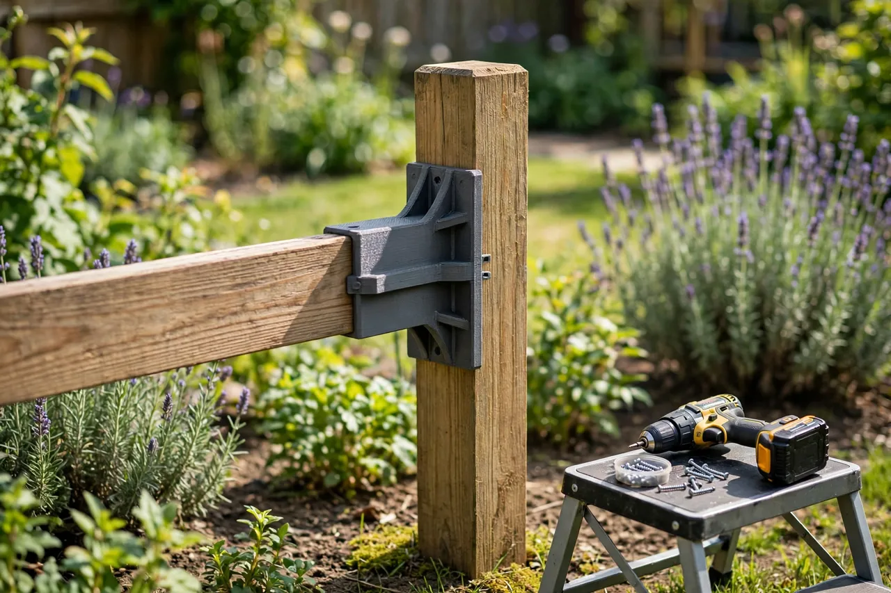 A bright sunny garden scene, a matte charcoal-gray 3D printed fence rail adapter bracket joining a wooden fence rail to a square fence post