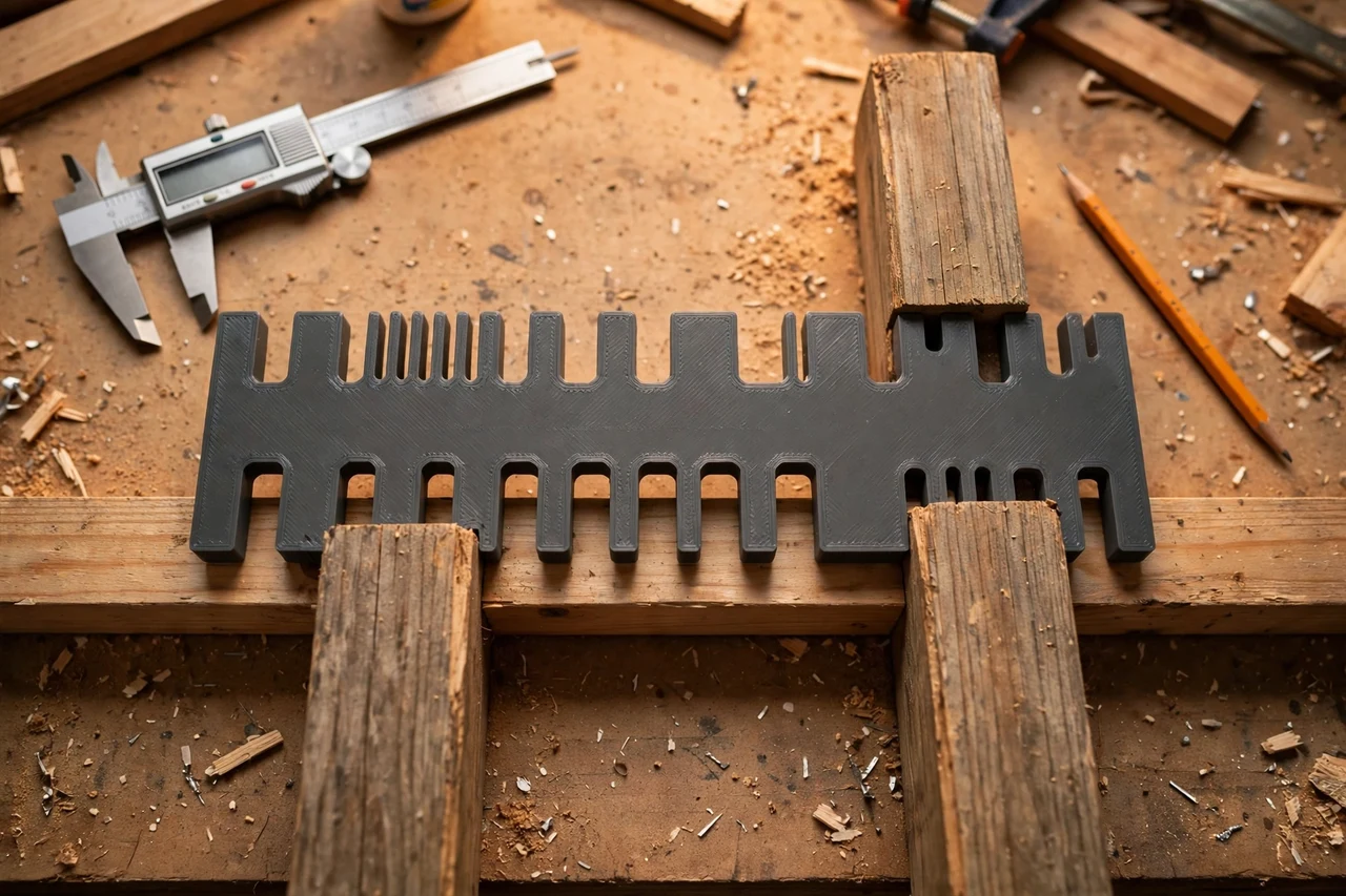 Close-up top-down view of a matte charcoal-gray 3D printed fence rail spacing gauge being test-fitted against fence rails and posts on a workbench, calipers and a pencil nearby, warm workshop lighting