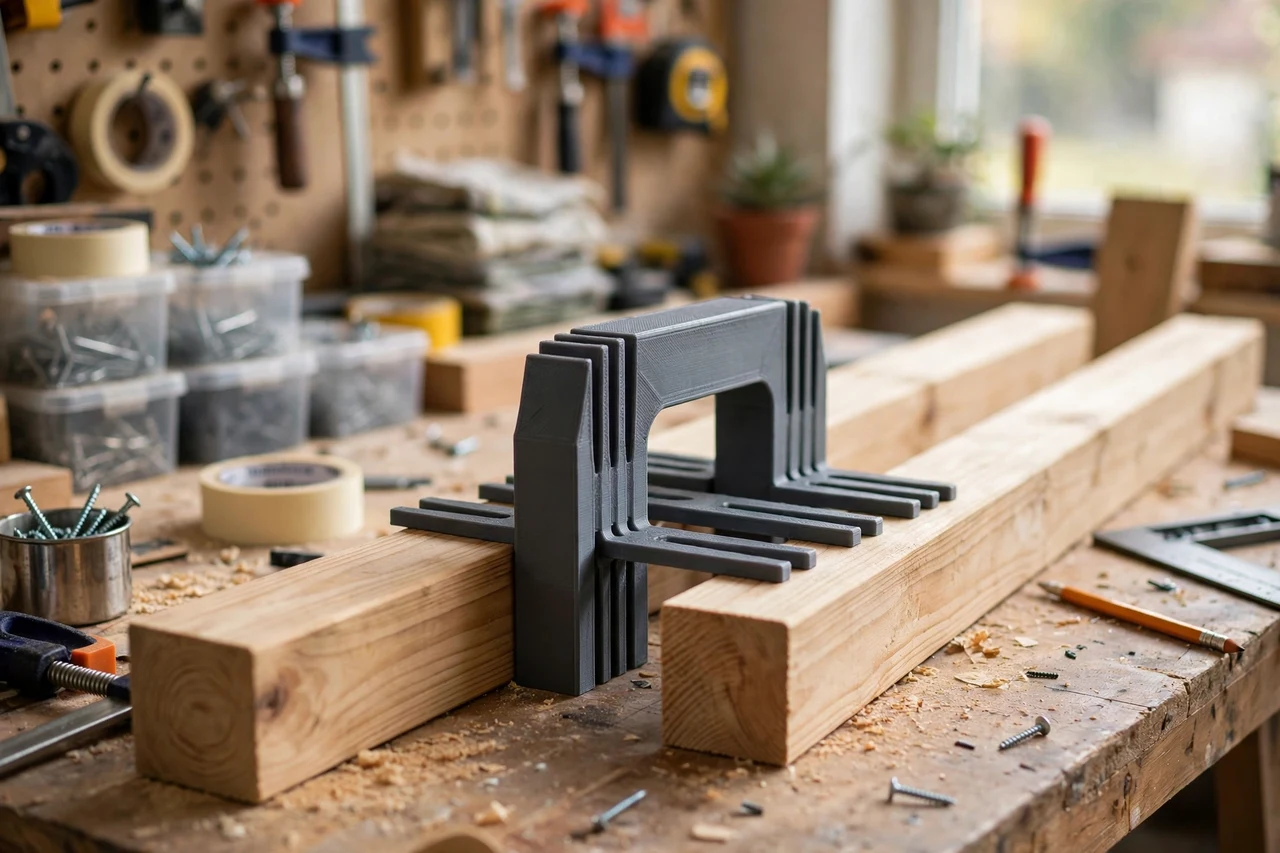 View of the finished 3D printed fence rail spacing gauge in use on a home repair project on a workbench, tidy workshop background in soft focus, bright natural light