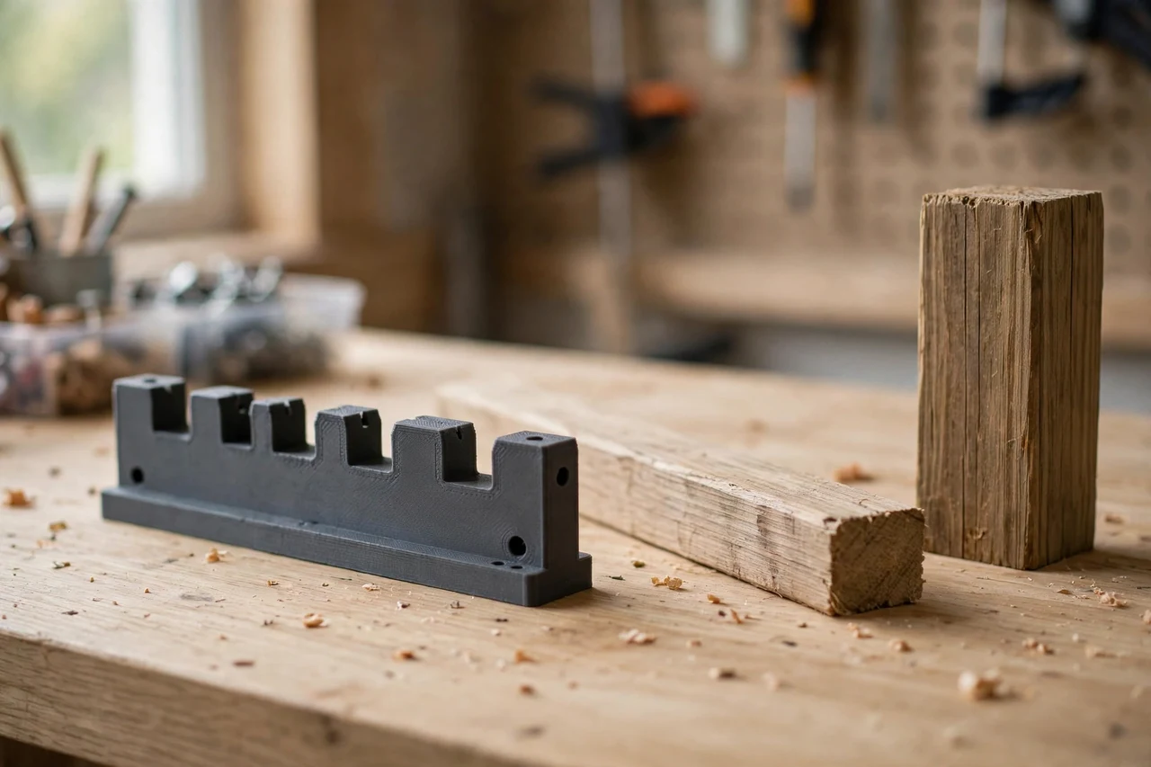 Home workshop scene on a light oak workbench, a matte charcoal-gray 3D printed fence rail spacing gauge beside a fence rail and a post section, soft natural window light, shallow depth of field