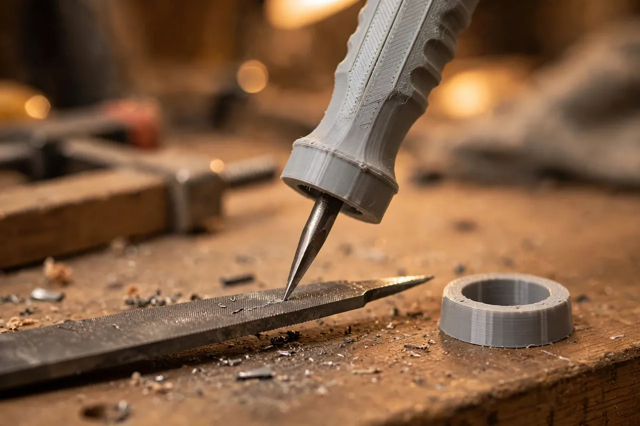 Close-up of a 3D printed file handle being pressed onto the pointed tang of a metal file over a workbench