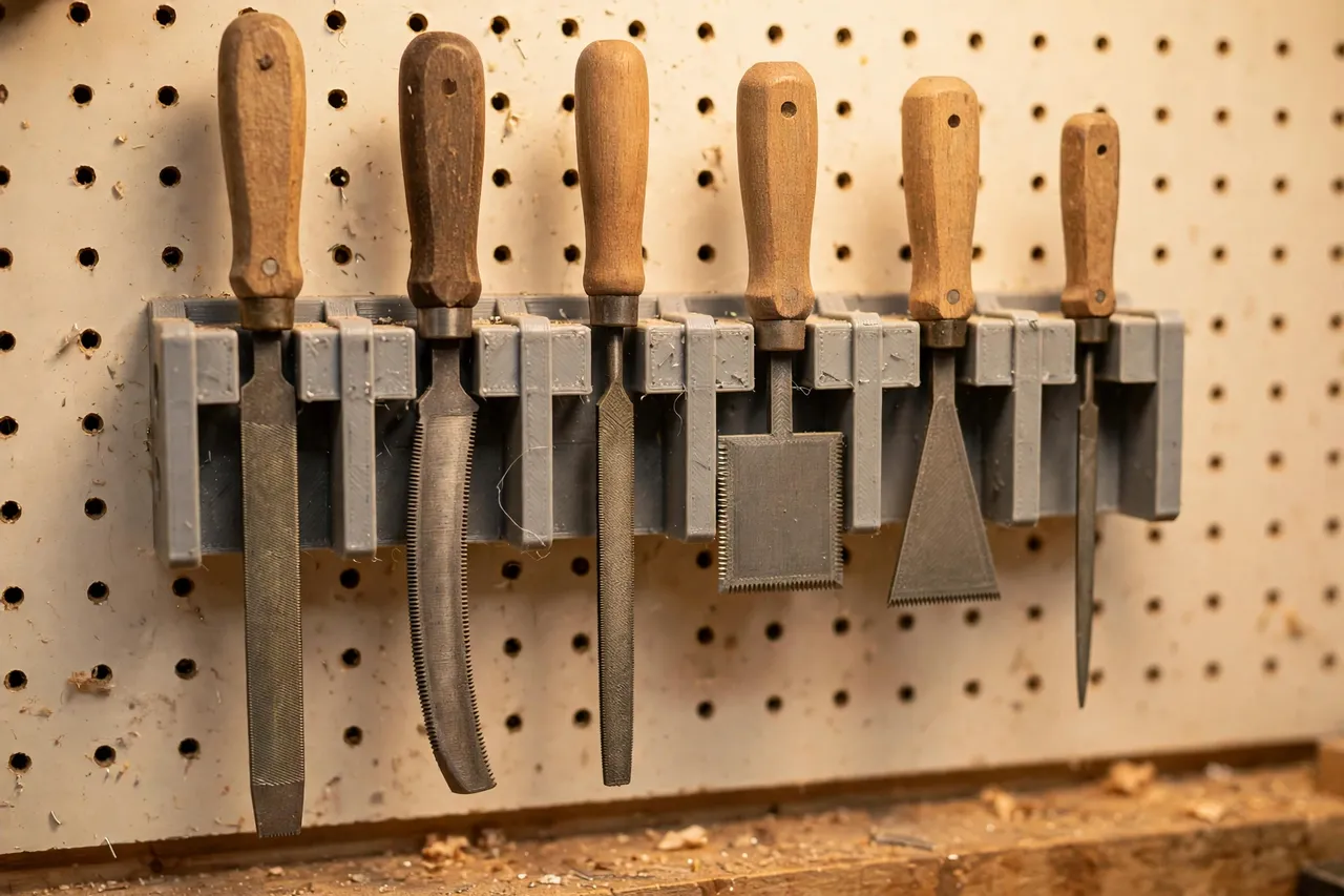 Close-up view of a 3D printed file rack mounted on a workshop wall