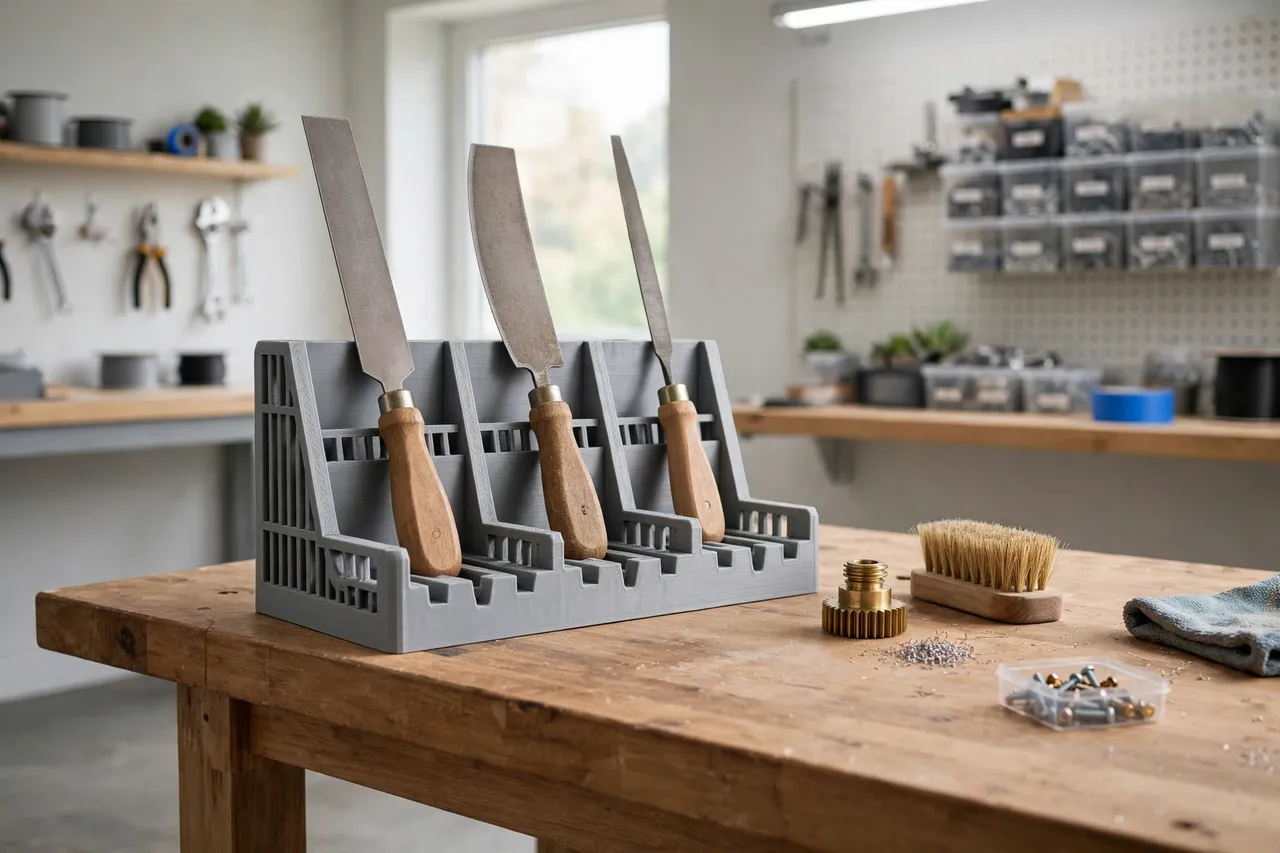 A finished workshop bench with a 3D printed file rack holding flat, half-round, and round files in a neat row