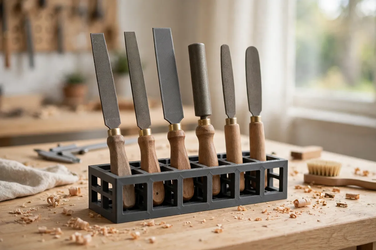 A bright home workshop scene on a light oak workbench