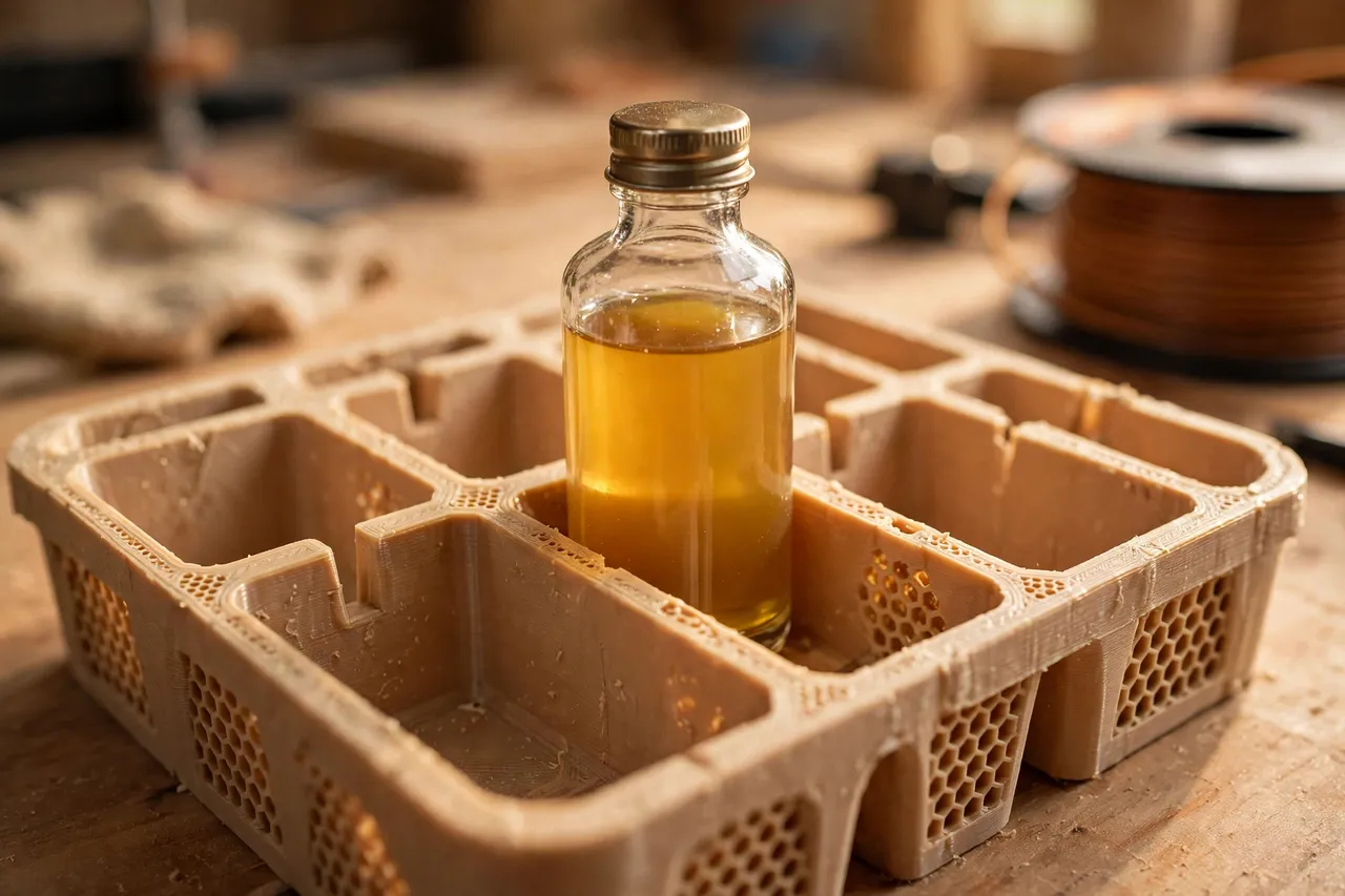 Close-up view of a 3D printed finish bottle rack with a varnish bottle sitting upright in a labeled bay, warm workshop lighting