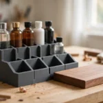 A bright home workshop scene on a light oak workbench
