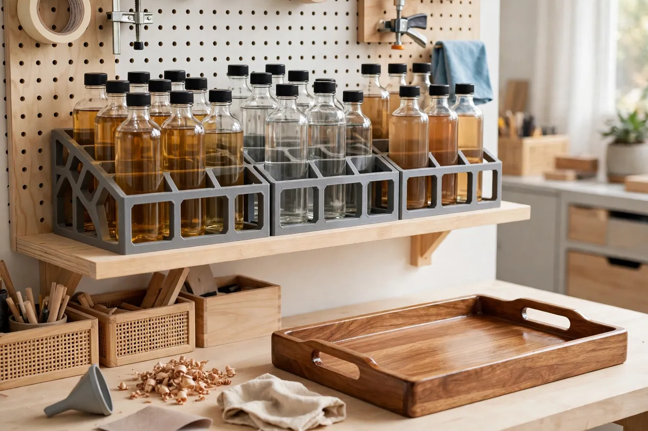 A workshop shelf with a 3D printed finish bottle rack holding finish bottles sorted by type, a freshly finished wooden tray nearby