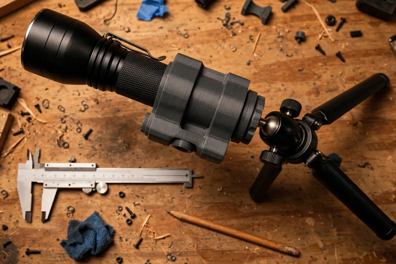 Close-up top-down view of a matte charcoal-gray 3D printed flashlight to tripod mount adapter being test-fitted against a flashlight and a tripod on a workbench, calipers and a pencil nearby, warm workshop lighting