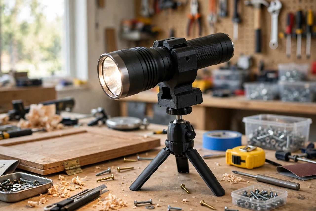 View of the finished 3D printed flashlight to tripod mount adapter in use on a home repair project on a workbench, tidy workshop background in soft focus, bright natural light
