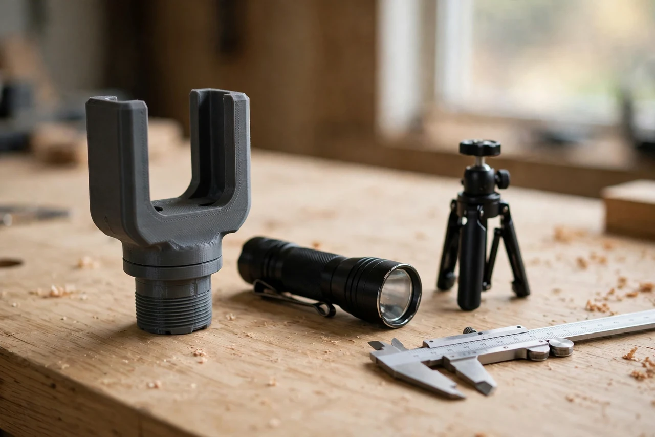Home workshop scene on a light oak workbench, a matte charcoal-gray 3D printed flashlight to tripod mount adapter beside a flashlight and a tripod and a pair of calipers, soft natural window light, shallow depth of field