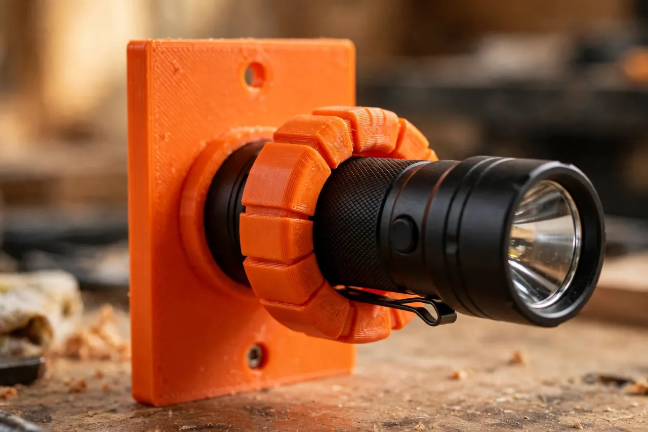 Close-up of a bright-orange 3D printed flashlight wall dock holding a finished black flashlight