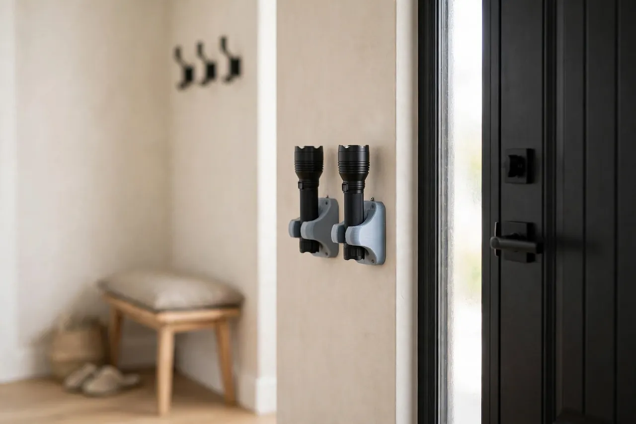 A finished hallway wall by a home entrance with a neat pair of printed flashlight docks holding flashlights ready beside the door