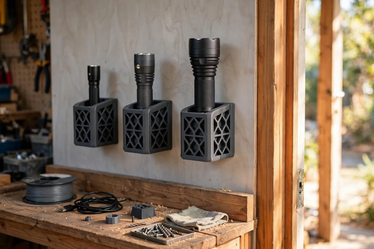A bright home workshop scene with three matte charcoal-gray 3D printed flashlight wall docks mounted in a row beside a workshop door frame, finished