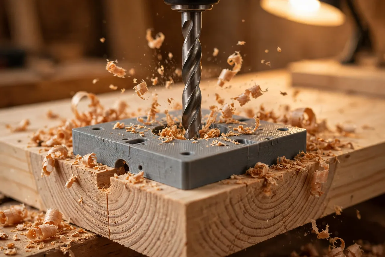 Close-up view of a drill bit passing through a 3D printed guide template into the end grain of a thick shelf board