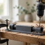 A bright home interior scene, a matte charcoal-gray 3D printed floating shelf rod template clamped to a thick wooden shelf board with a drill boring