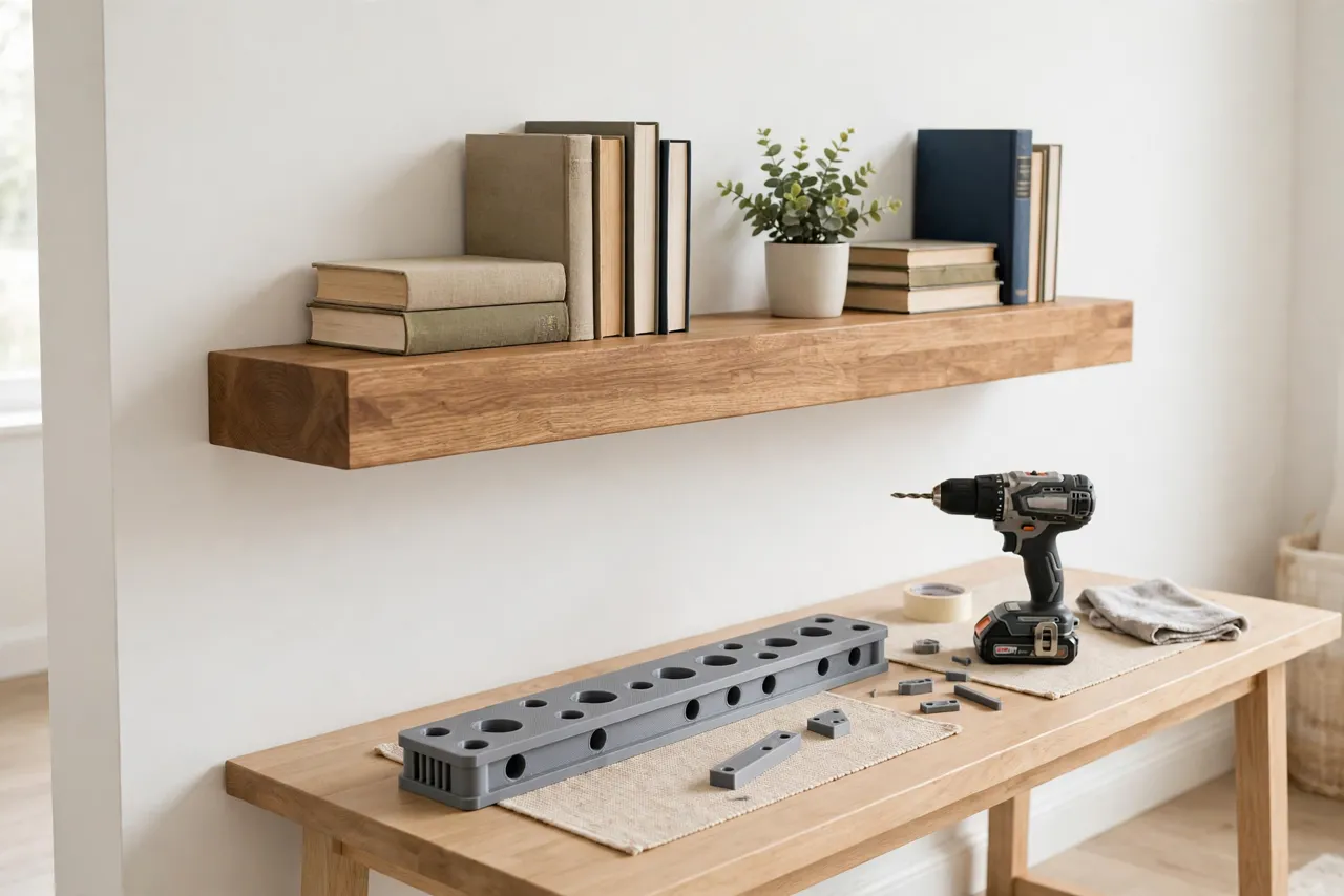 A finished thick wooden floating shelf mounted level on a white wall holding books and a small plant, hidden rods invisible